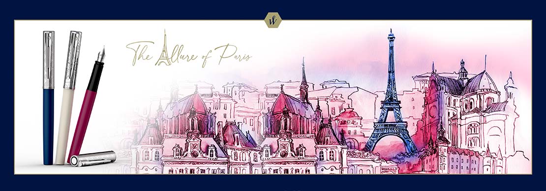 Pióra Waterman Allure na tle artystycznej ilustracji Paryża z wieżą Eiffla i hasłem „The Allure of Paris”